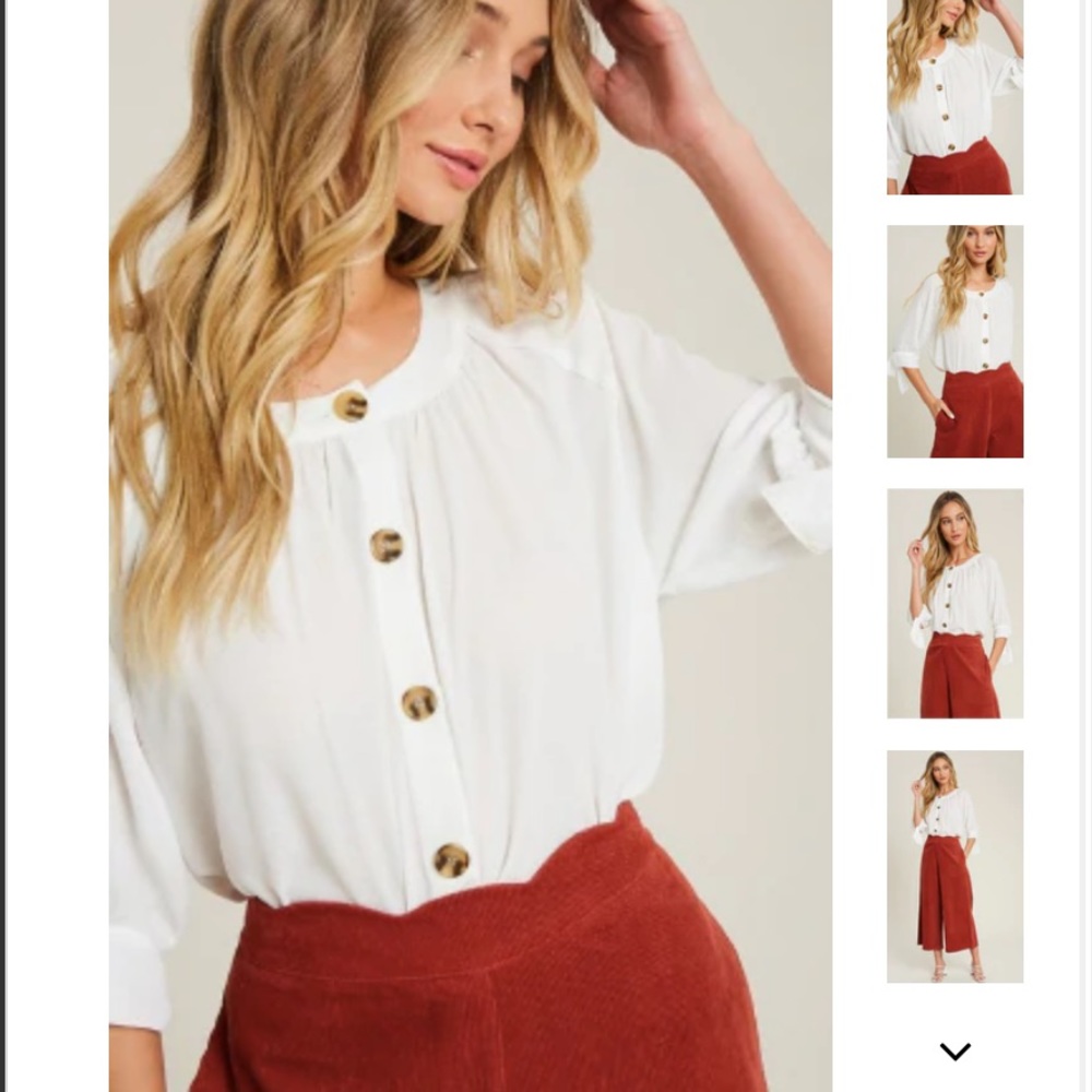 NWT Women’s Large white button down blouse round neck with 1/2 sleeve tie detail